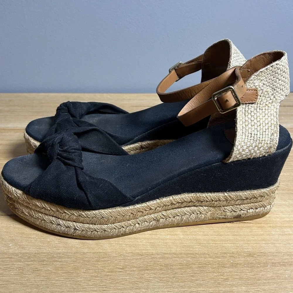 Tory Burch Black Royal Tan Knotted Bow Fabric Buckle Espadrille Wedge Sandals